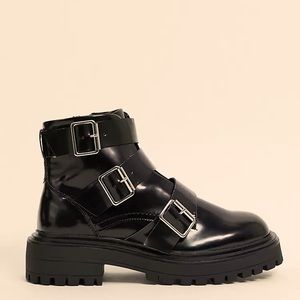 Asos awaken Black buckle biker moto boots chunky wide fit